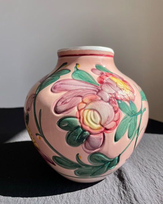 Vintage Hand Painted Ceramic Vase with Floral Ornaments
