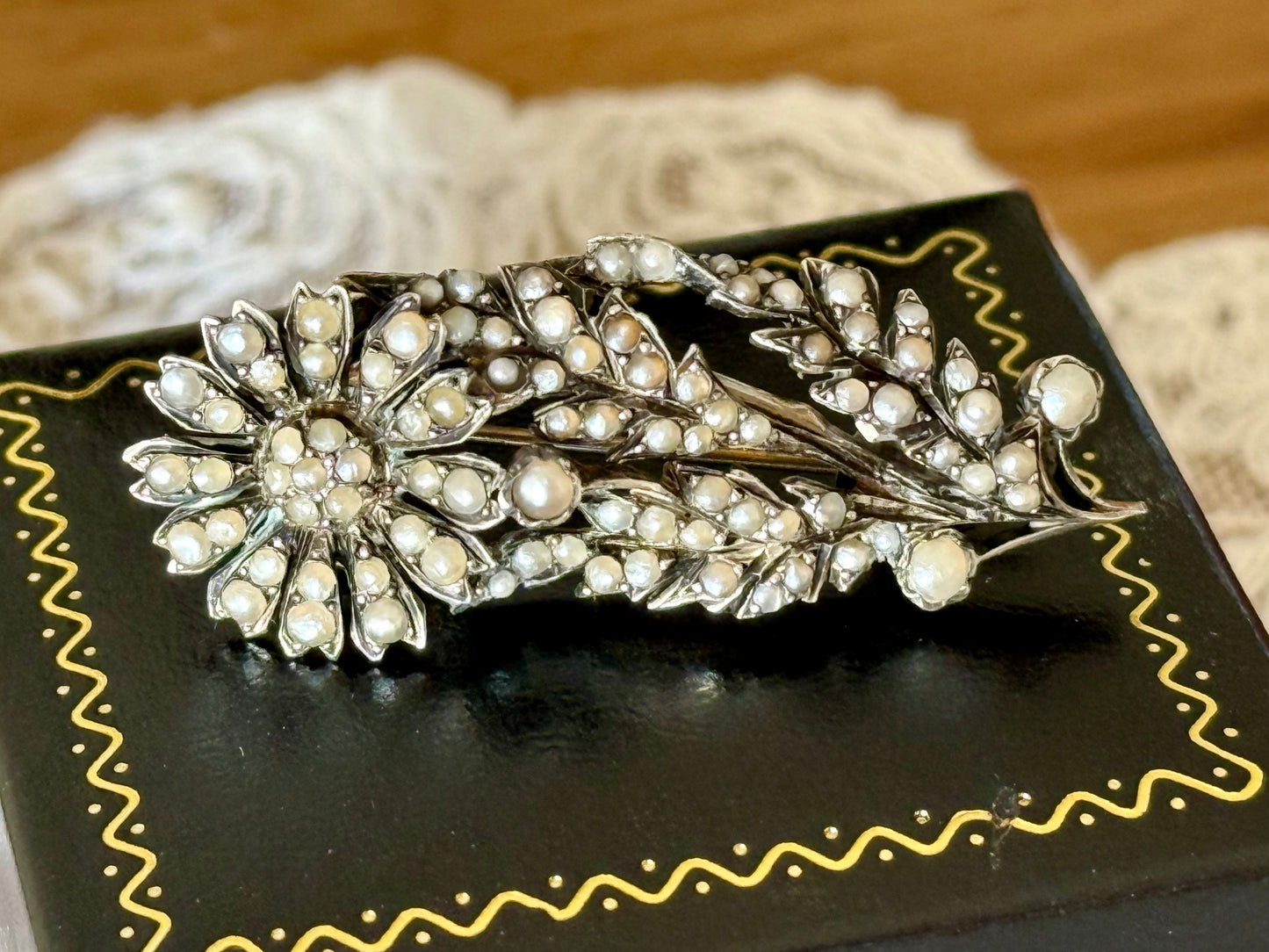 Antique Pearl Flower Spray Silver Brooch