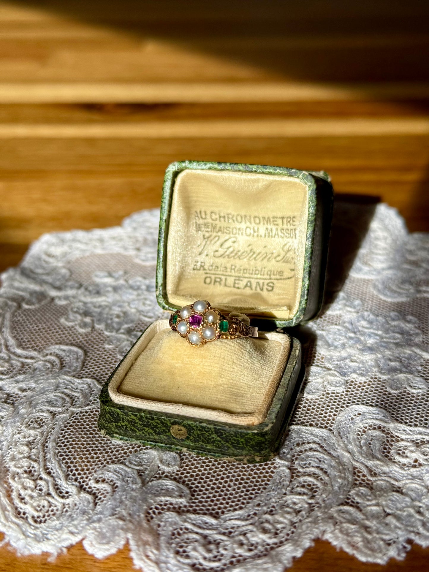 Antique Georgian Ruby Emerald Pearl Flower Ring 9ct Gold