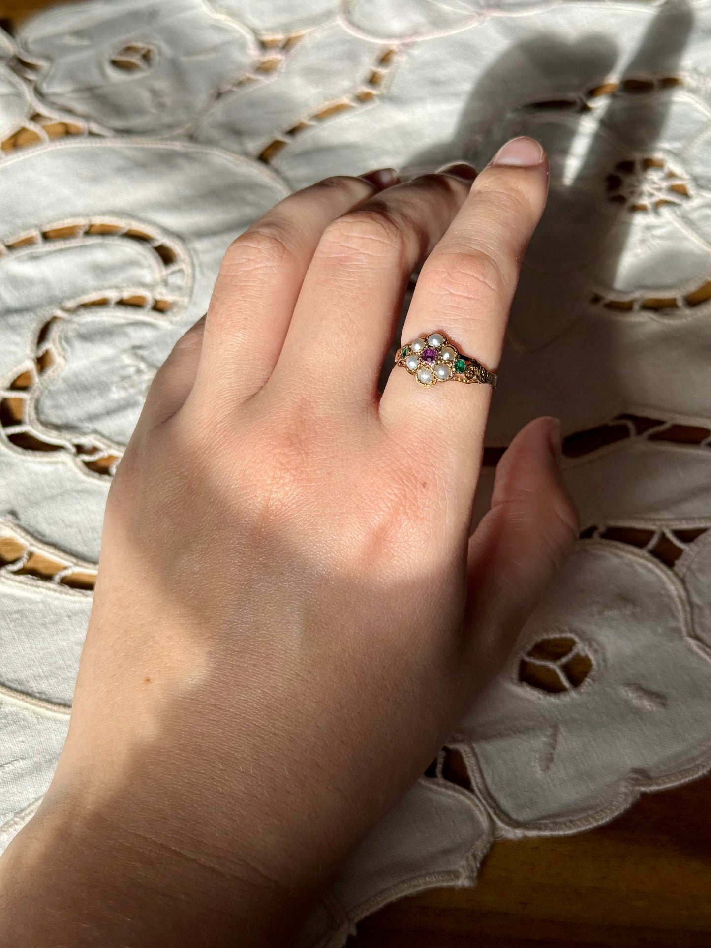 Antique Georgian Ruby Emerald Pearl Flower Ring 9ct Gold
