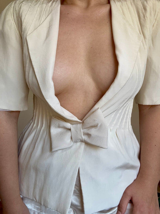 Vintage Cream Silk Cropped Bow Jacket