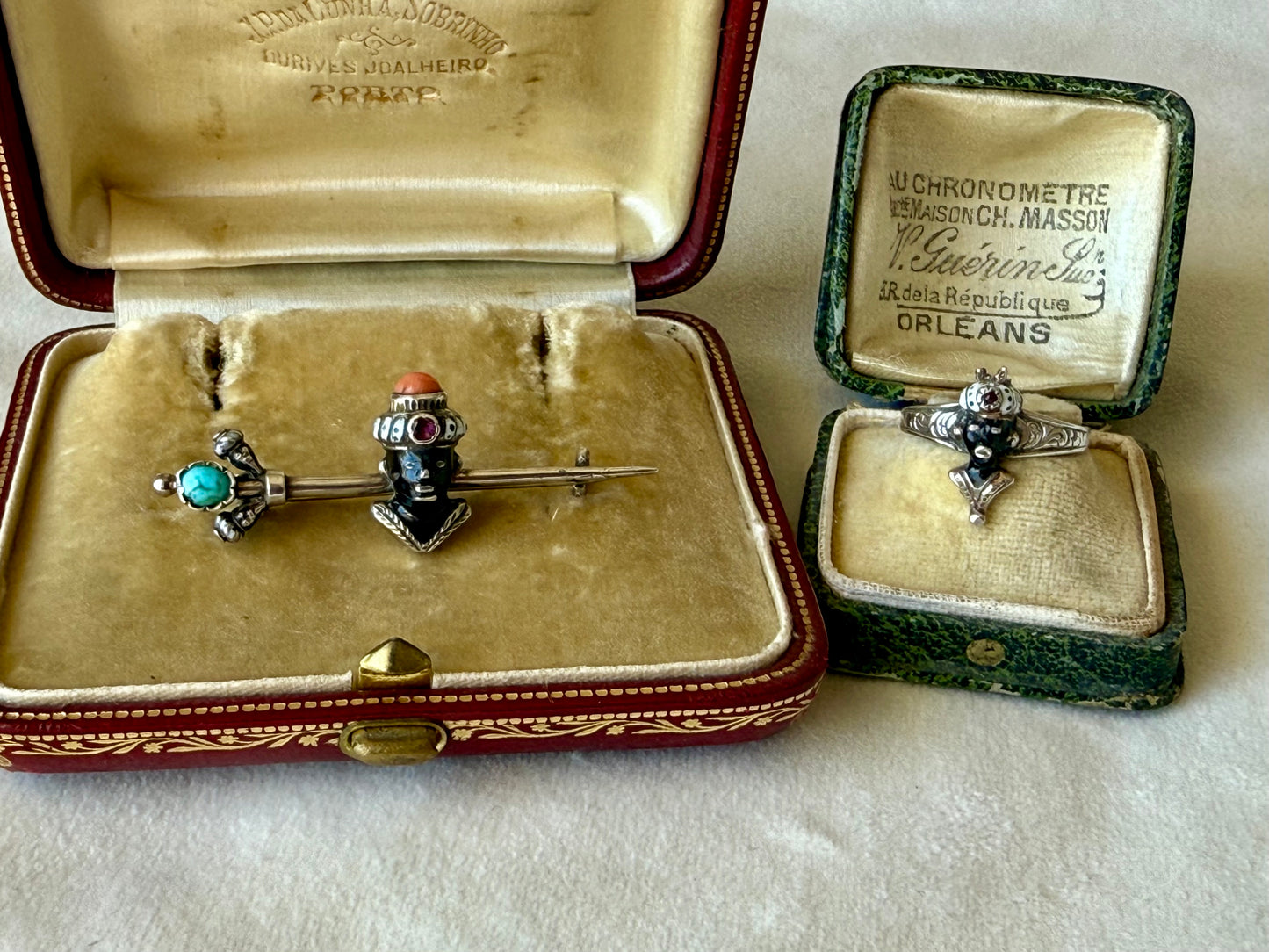 Antique Blackamoor Gemstones and Enamel Silver Brooch