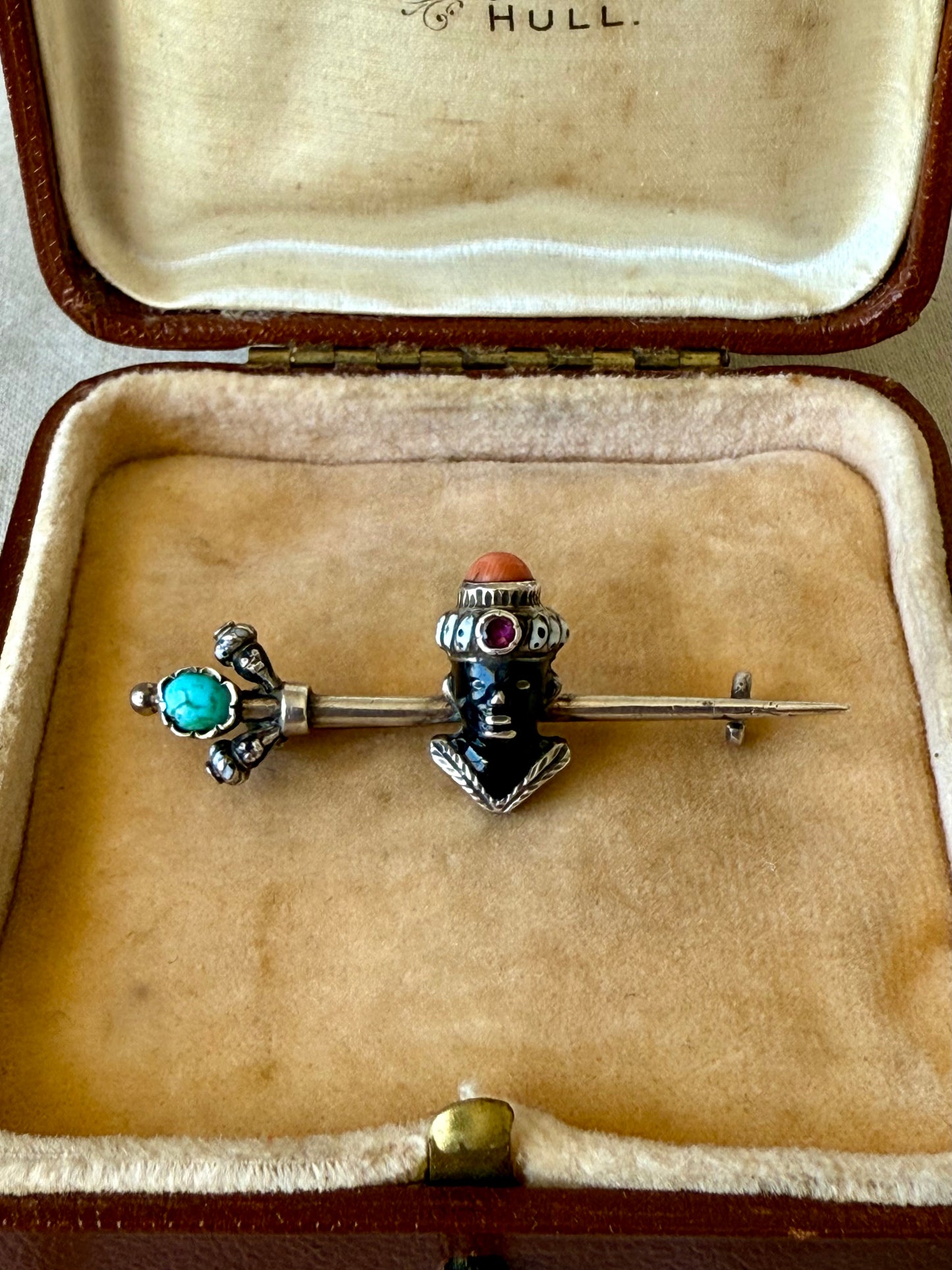 Antique Blackamoor Gemstones and Enamel Silver Brooch