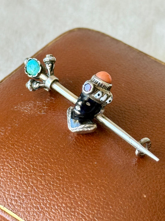 Antique Blackamoor Gemstones and Enamel Silver Brooch