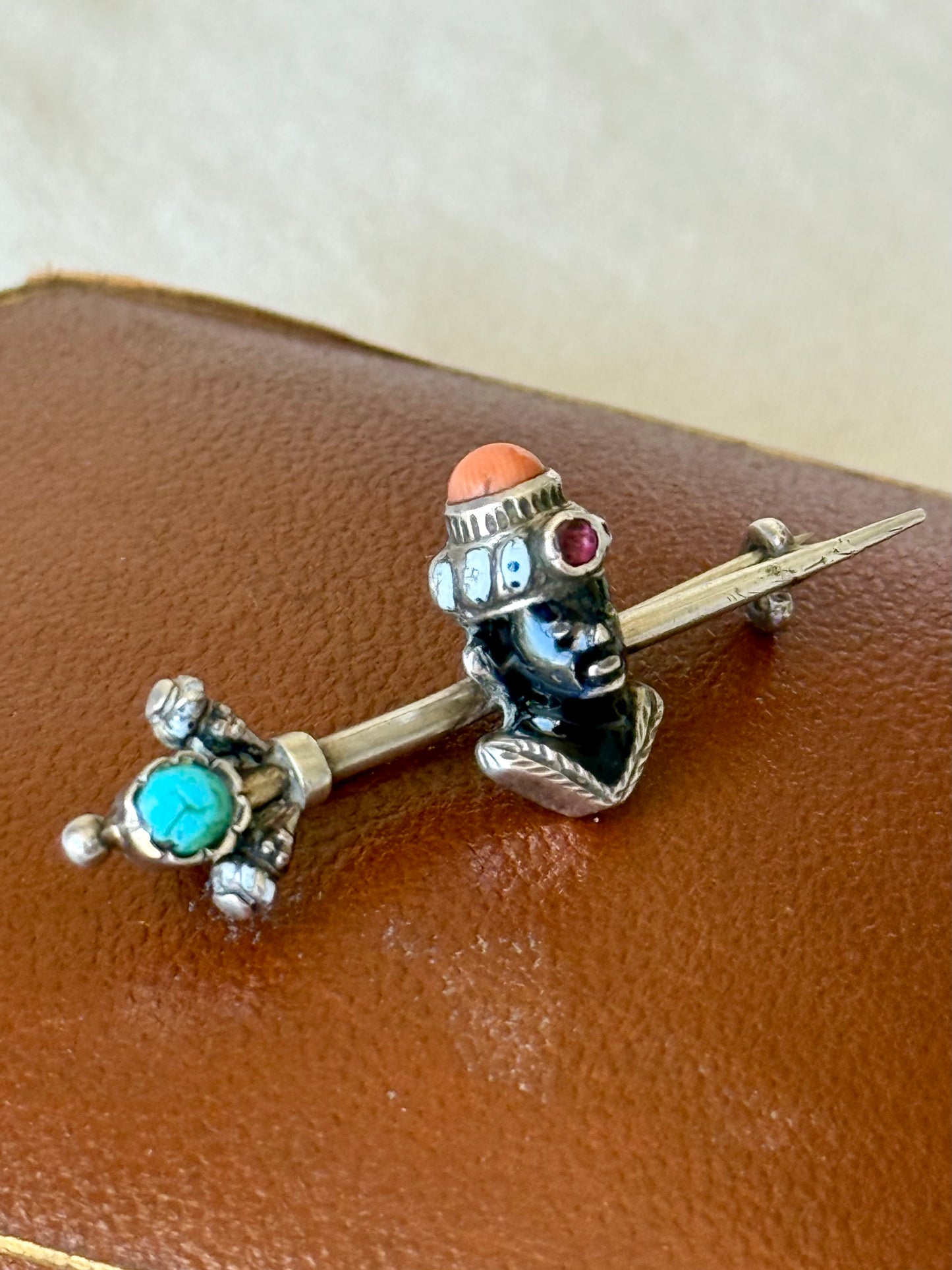 Antique Blackamoor Gemstones and Enamel Silver Brooch