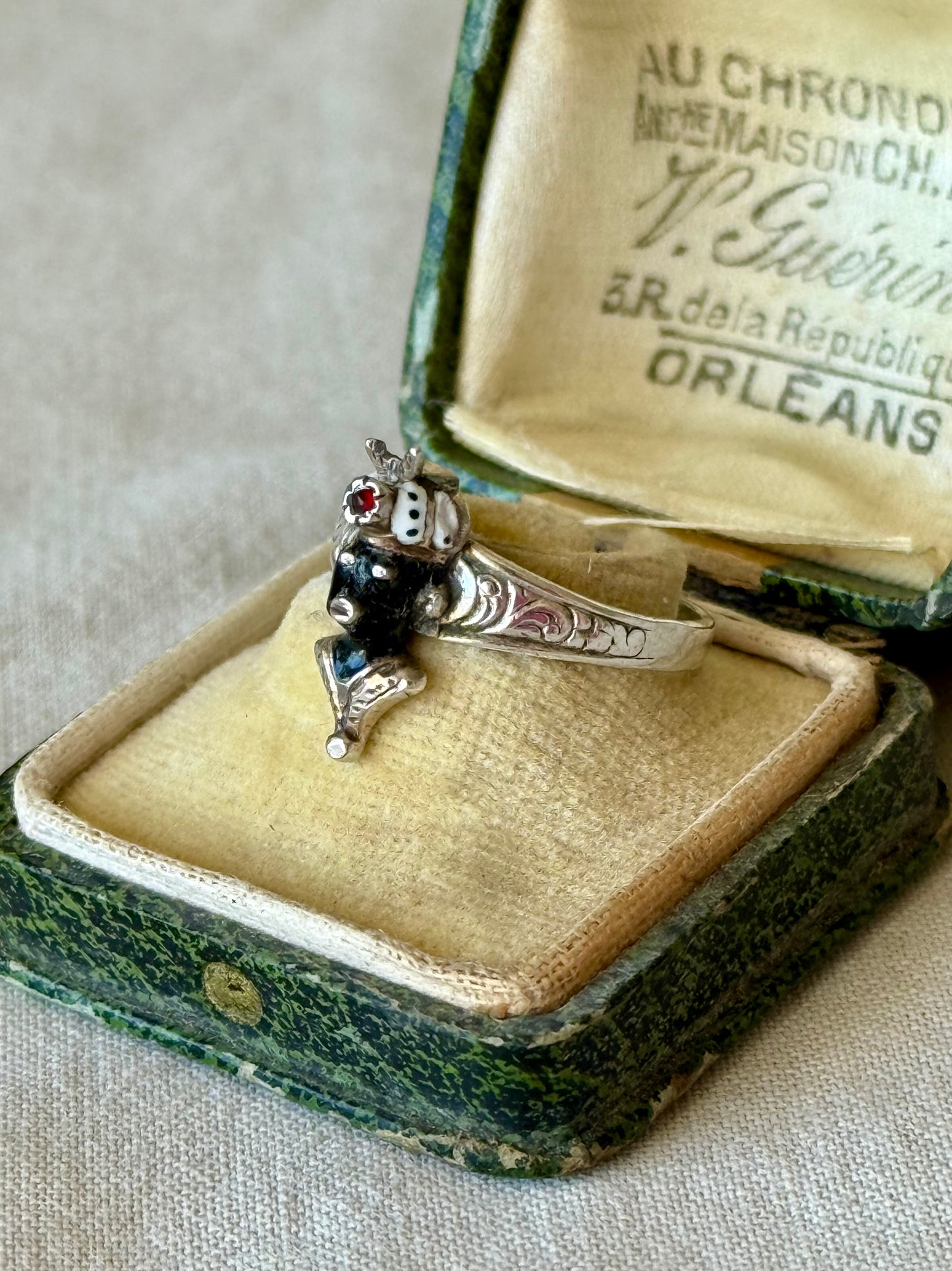 Antique Blackamoor Enamel and Garnet Silver Ring
