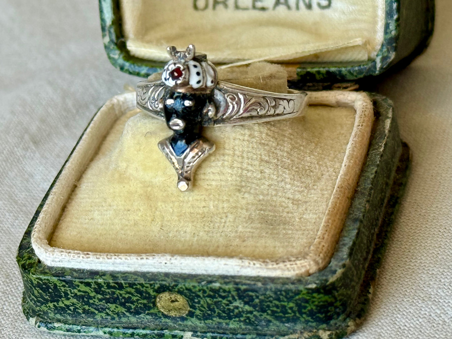 Antique Blackamoor Enamel and Garnet Silver Ring