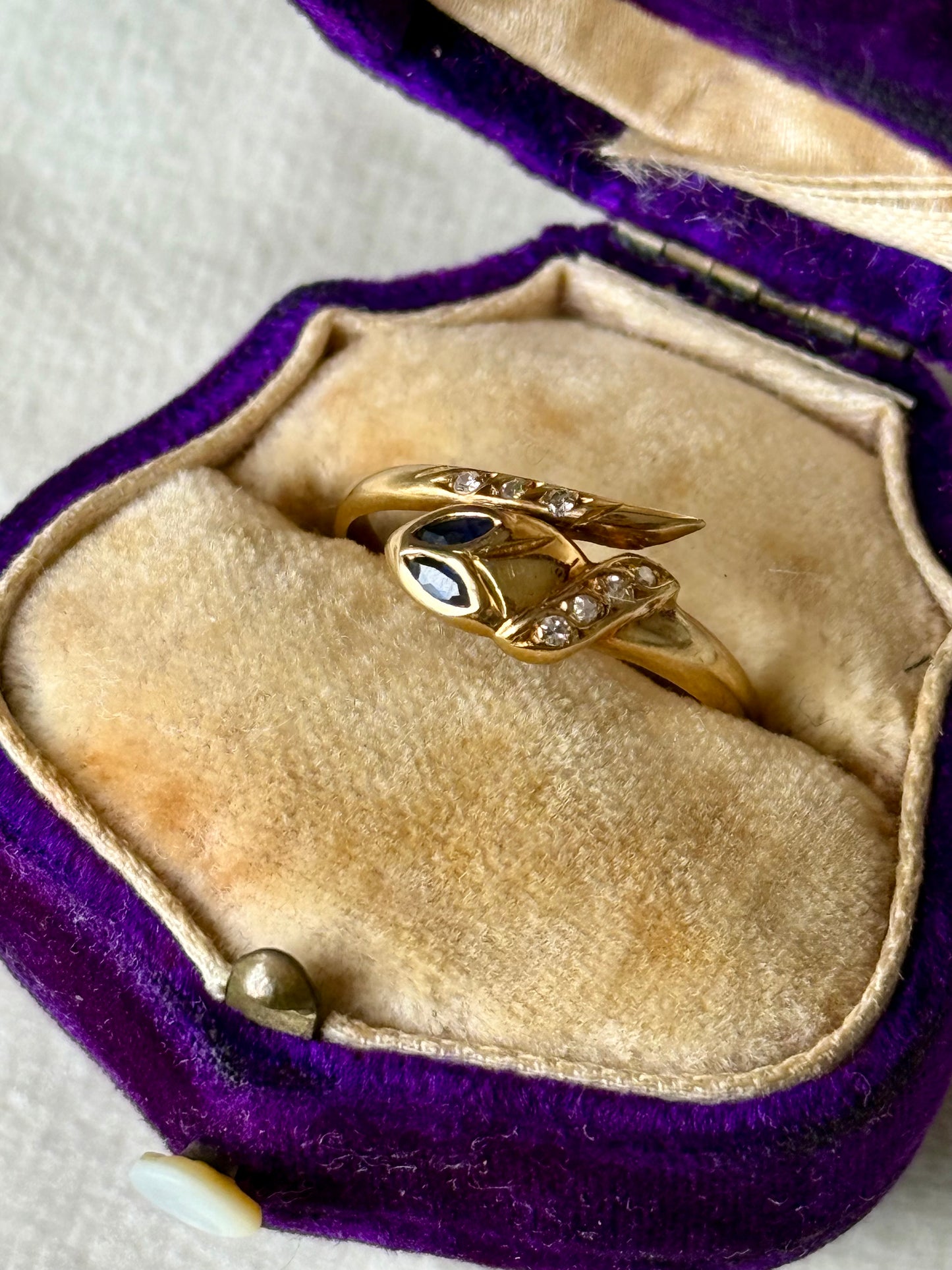 Vintage 19.2ct Gold Snake Ring with Diamond & Sapphire Inlay