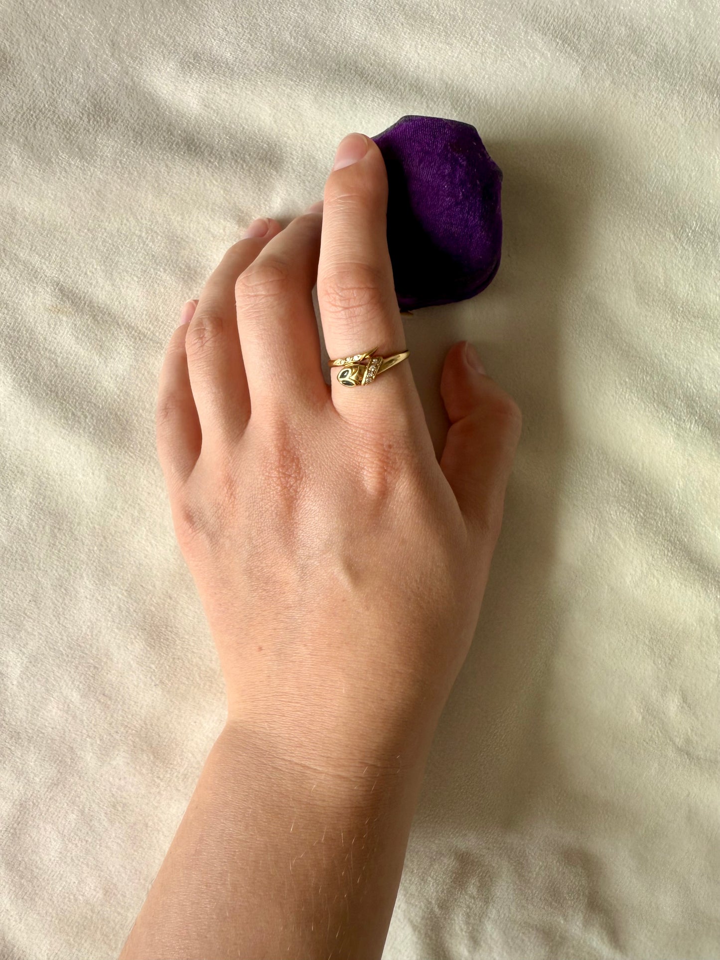 Vintage 19.2ct Gold Snake Ring with Diamond & Sapphire Inlay