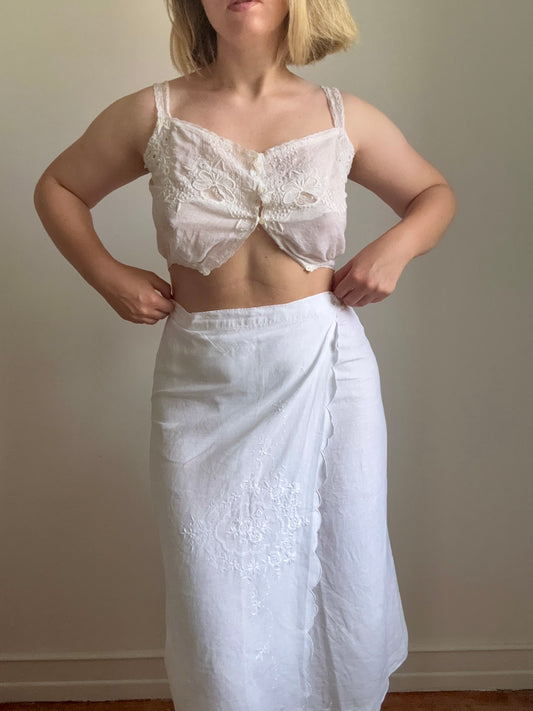 Vintage White Embroidered Linen Wrap Skirt