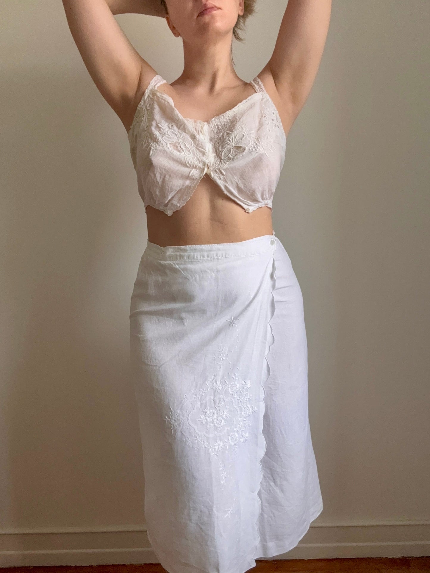 Vintage White Embroidered Linen Wrap Skirt