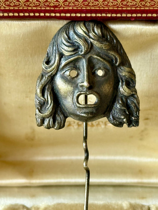 Vintage Italian Tragic Theatre Mask Silver Stick Pin