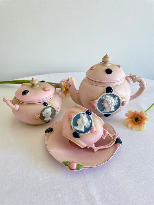 Antique Schafer and Vater pink Bisque Jasper Ware Tea Set