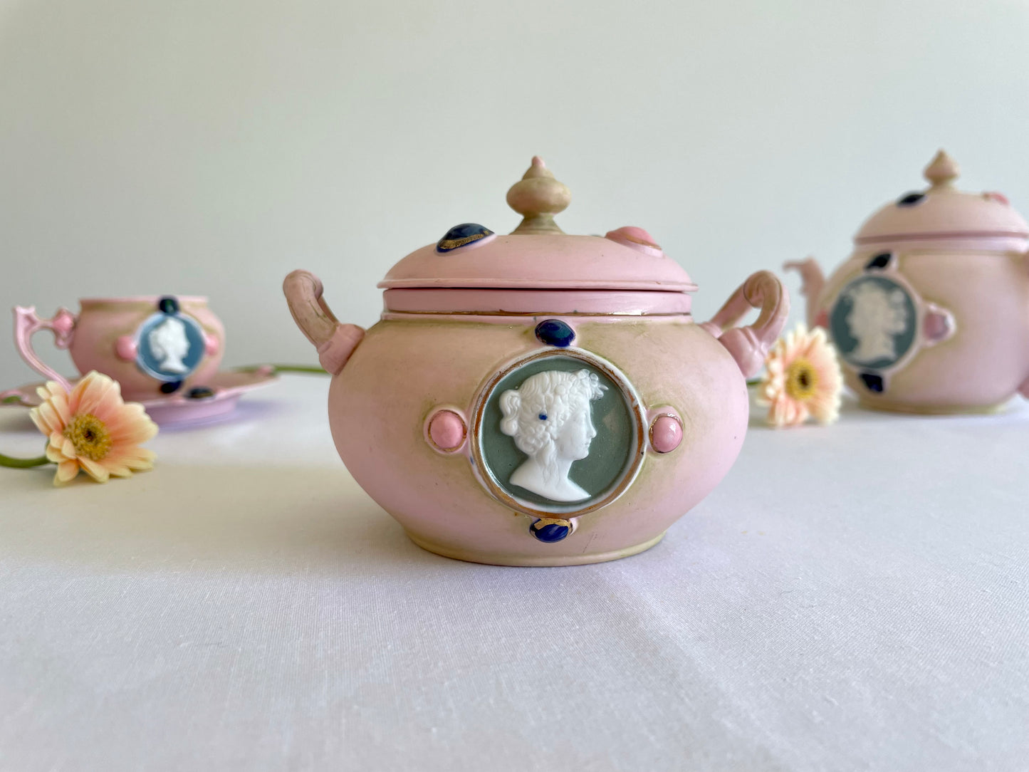Antique Schafer and Vater pink Bisque Jasper Ware Tea Set