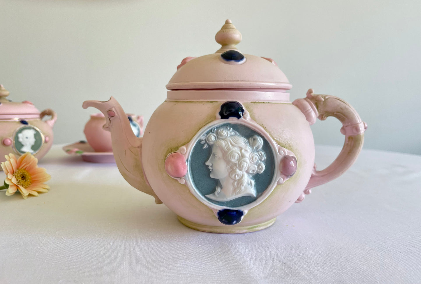 Antique Schafer and Vater pink Bisque Jasper Ware Tea Set
