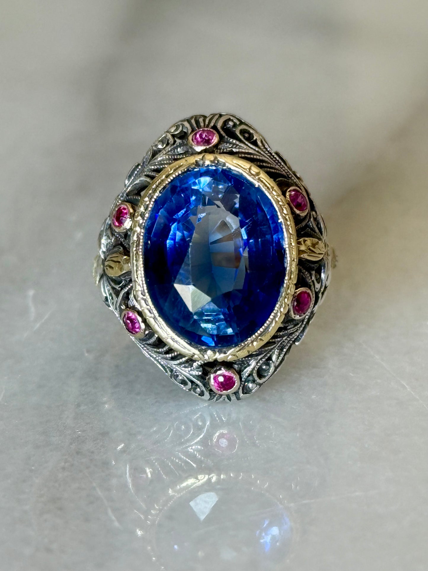Antique Sapphire and Rubies Statement Ring in 18k Gold and Silver