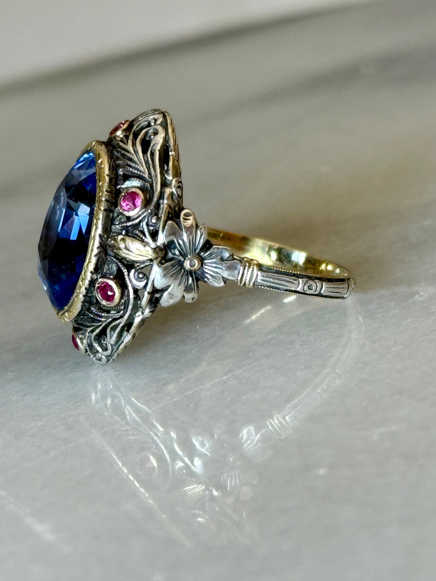 Antique Sapphire and Rubies Statement Ring in 18k Gold and Silver