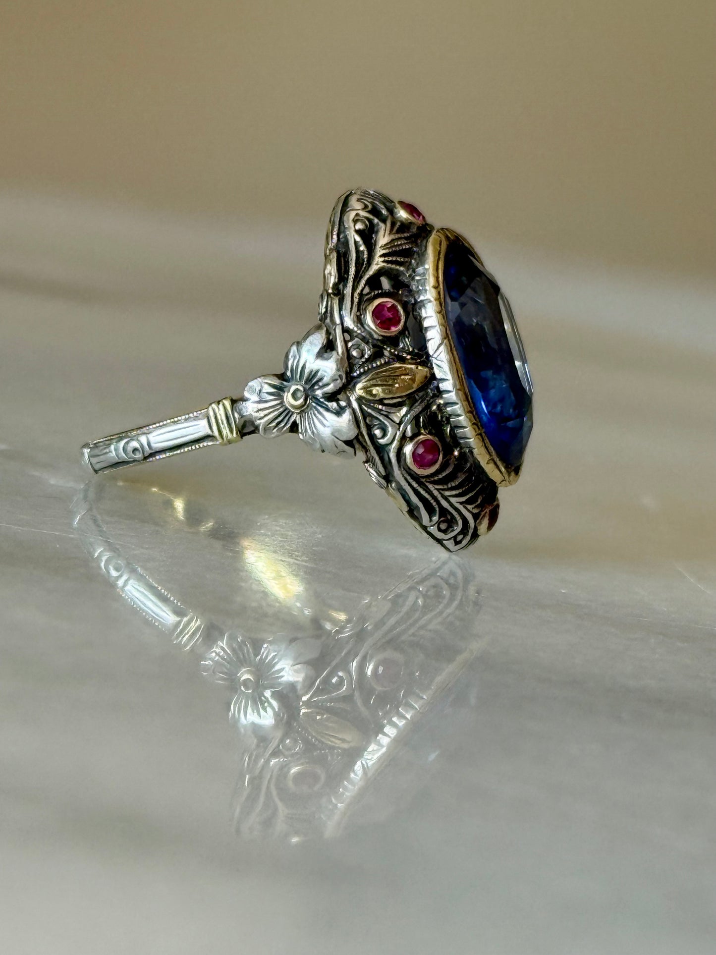Antique Sapphire and Rubies Statement Ring in 18k Gold and Silver