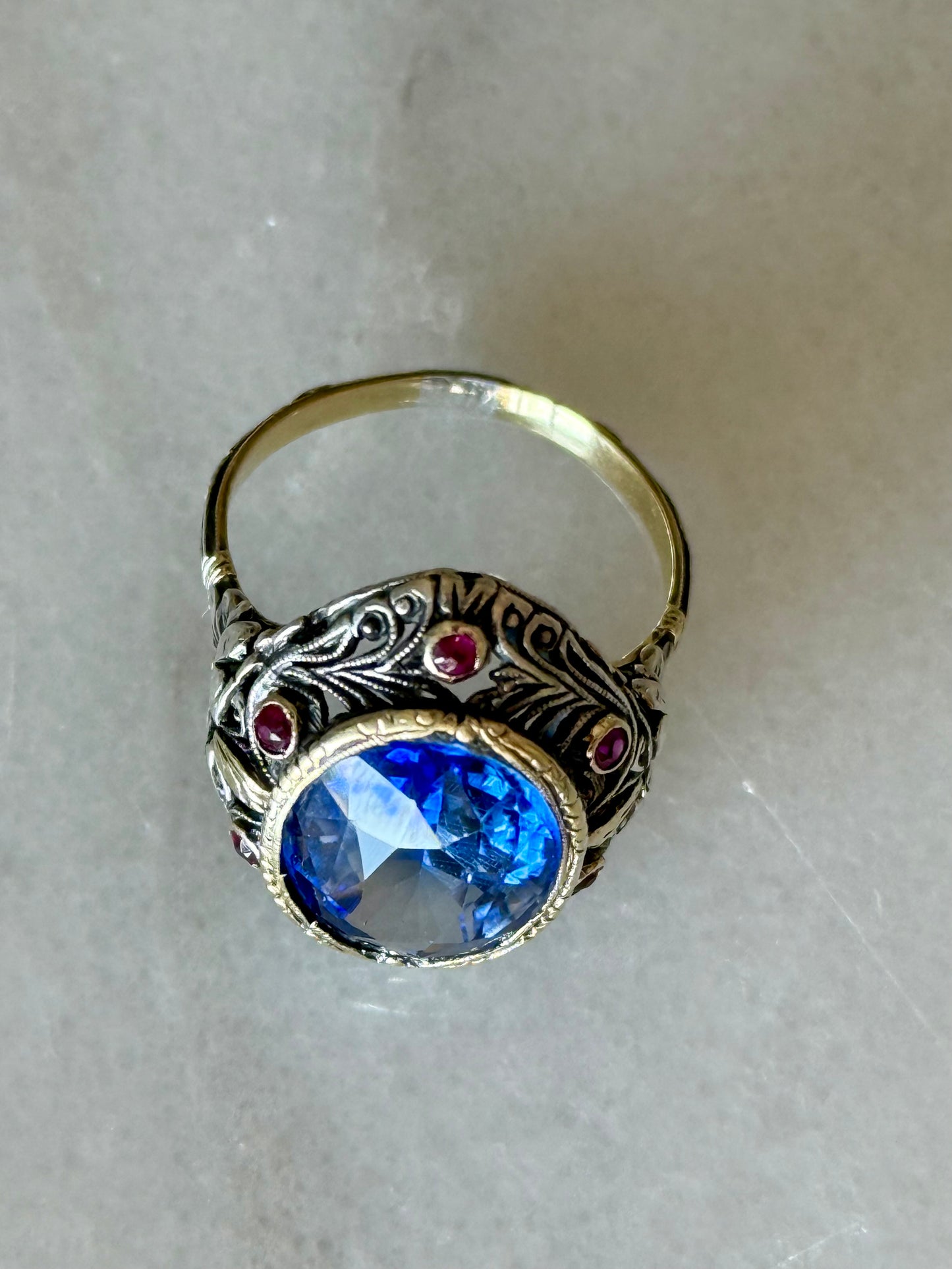 Antique Sapphire and Rubies Statement Ring in 18k Gold and Silver