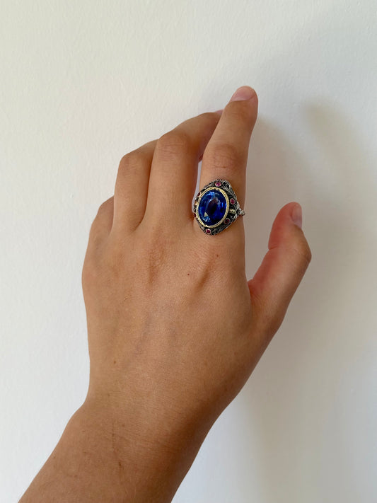 Antique Sapphire and Rubies Statement Ring in 18k Gold and Silver