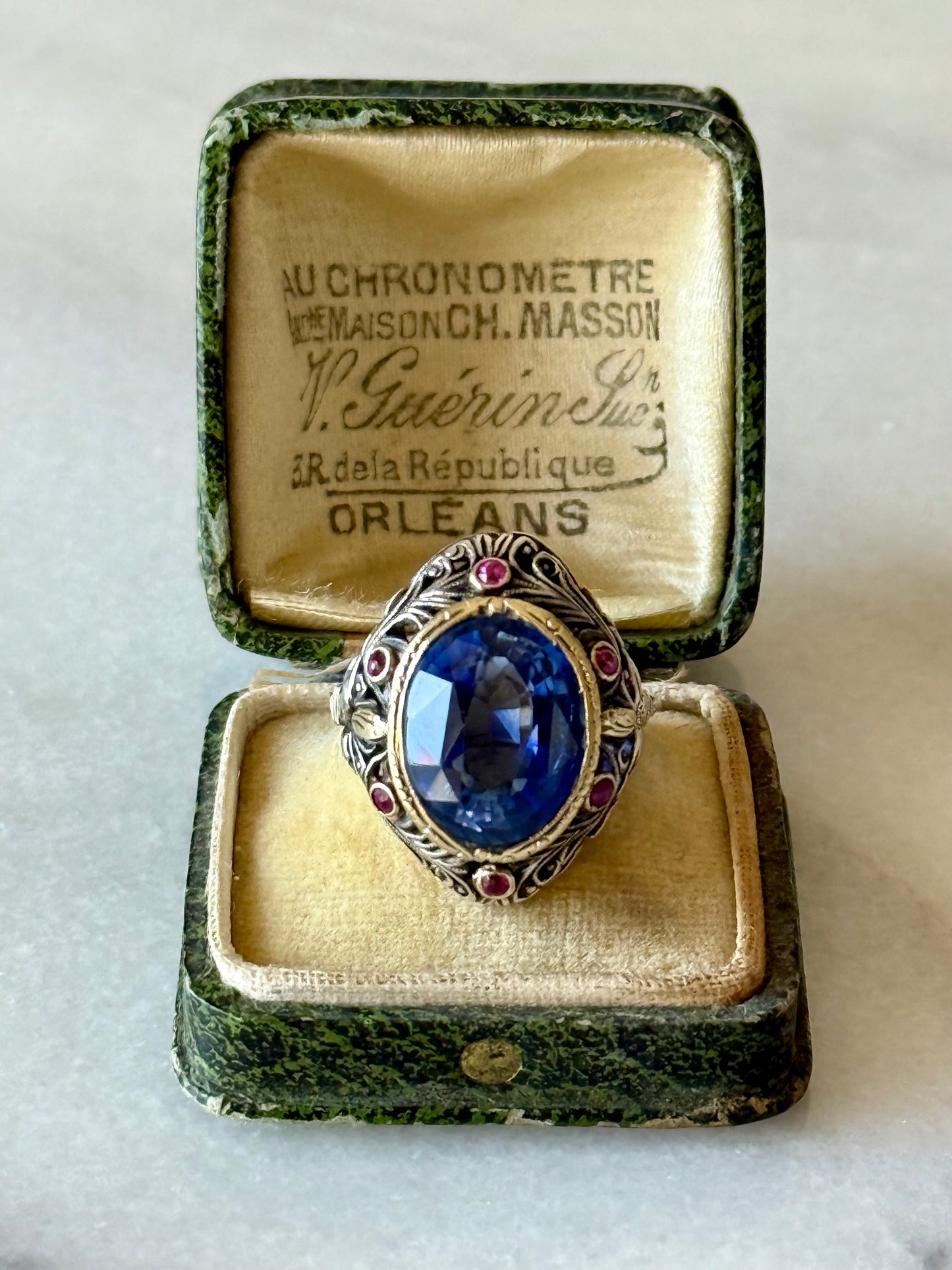 Antique Sapphire and Rubies Statement Ring in 18k Gold and Silver
