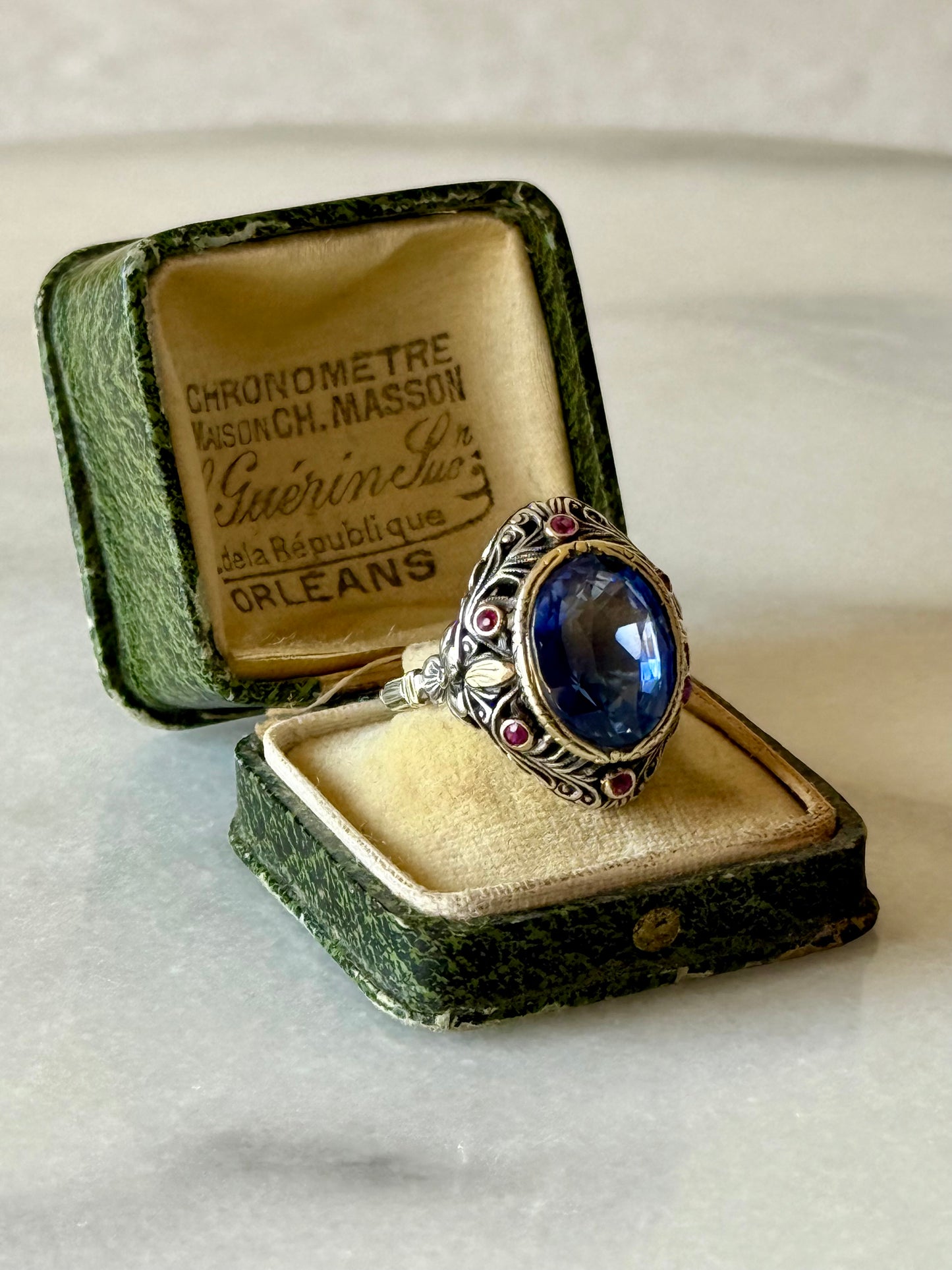 Antique Sapphire and Rubies Statement Ring in 18k Gold and Silver