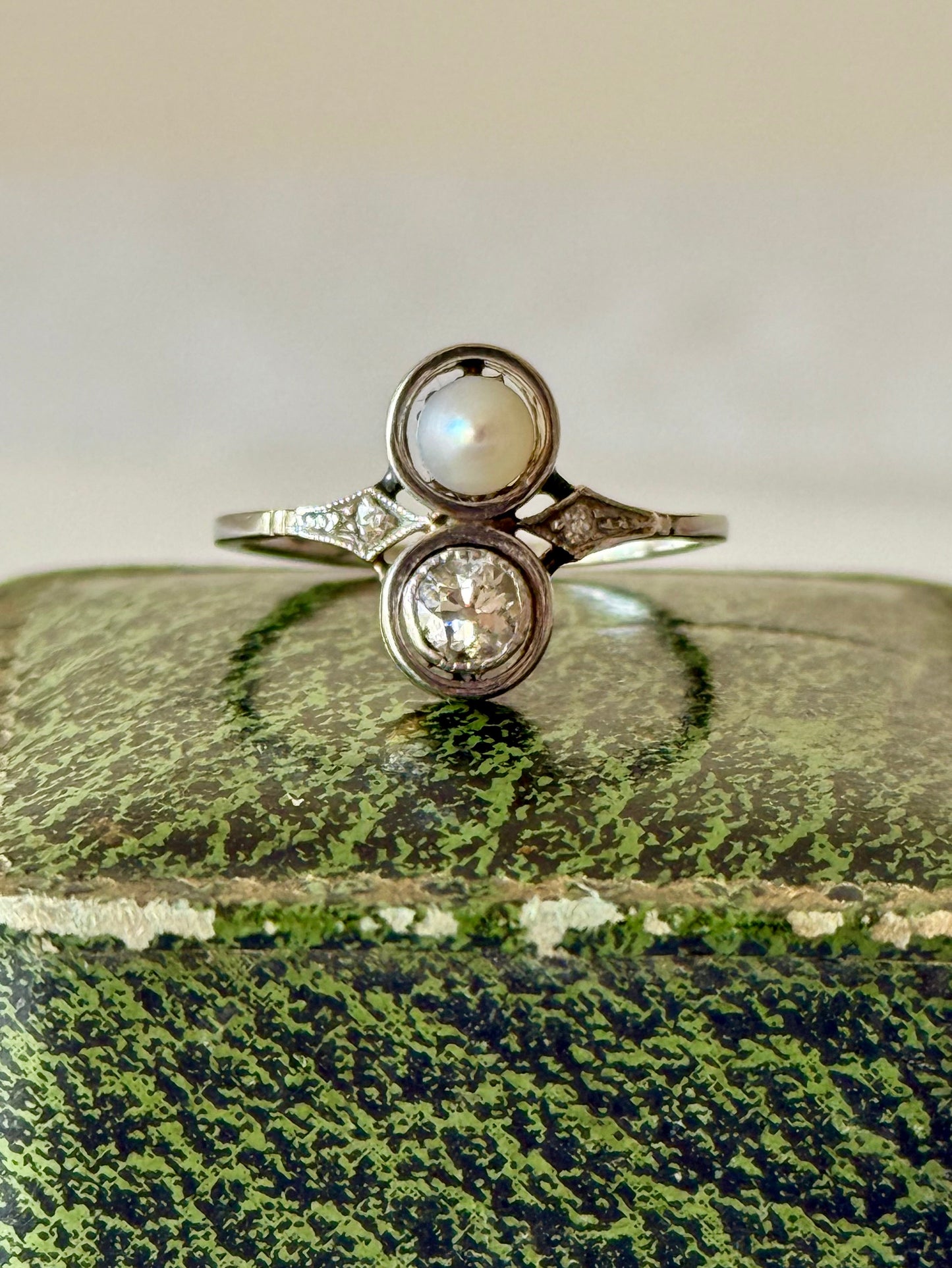 Antique Toi et Moi 14k Old Cut Diamond and Pearl Ring