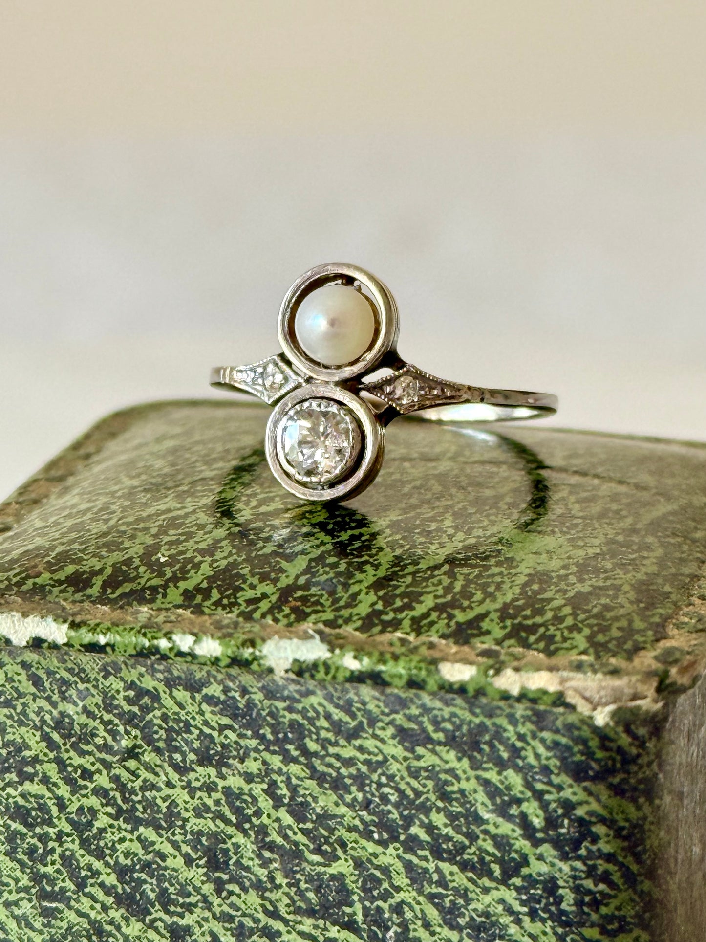 Antique Toi et Moi 14k Old Cut Diamond and Pearl Ring