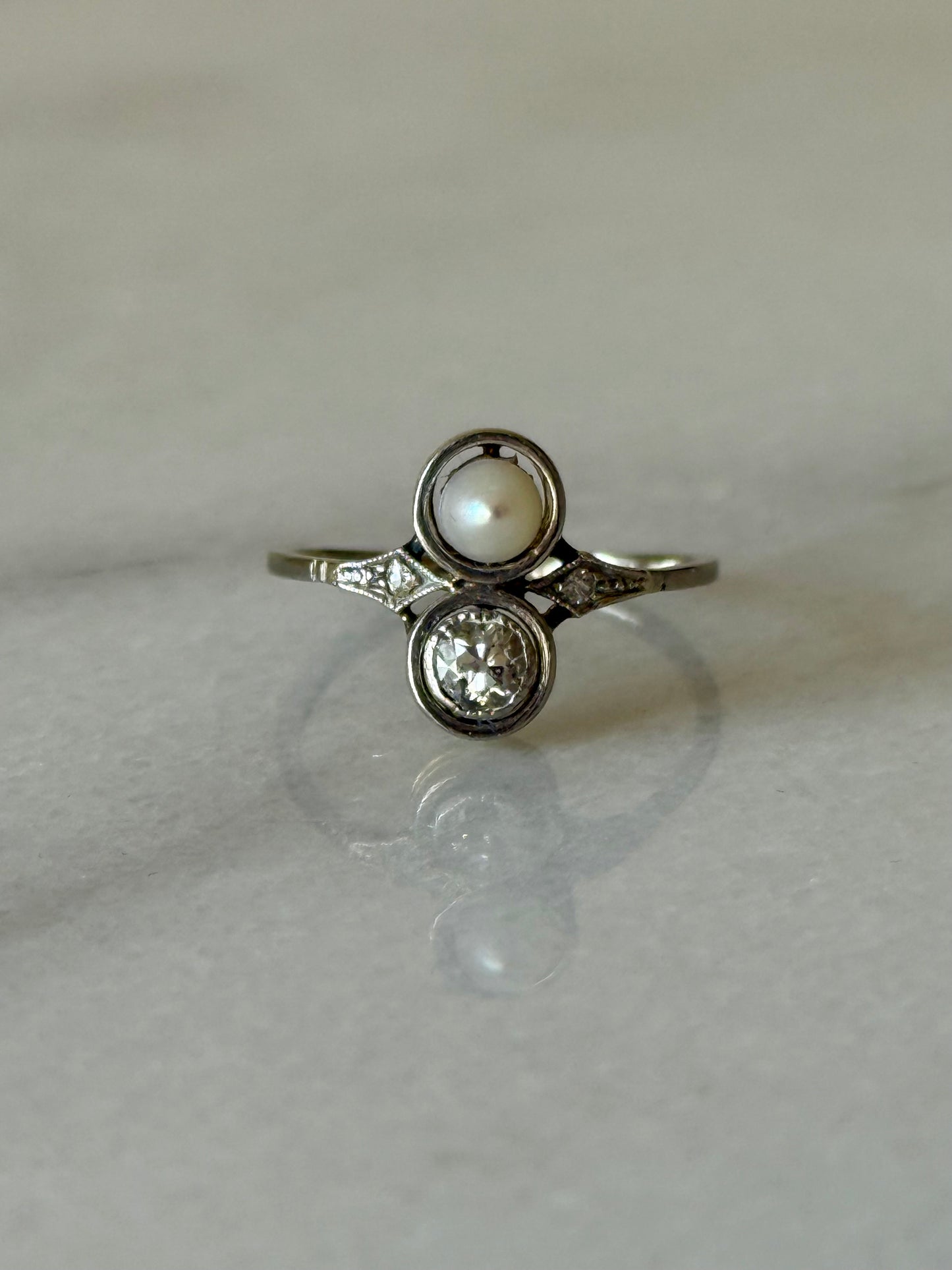 Antique Toi et Moi 14k Old Cut Diamond and Pearl Ring