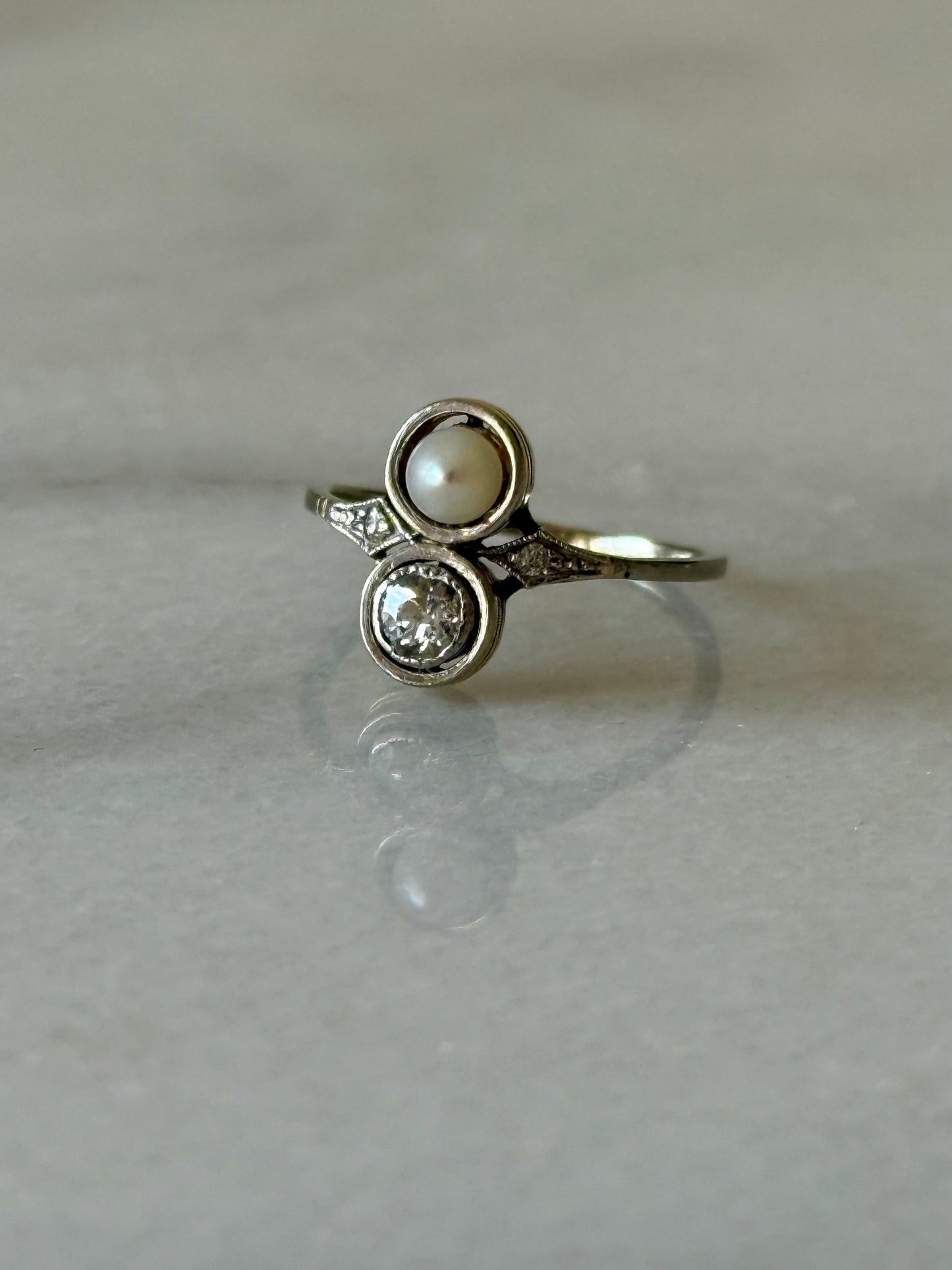 Antique Toi et Moi 14k Old Cut Diamond and Pearl Ring