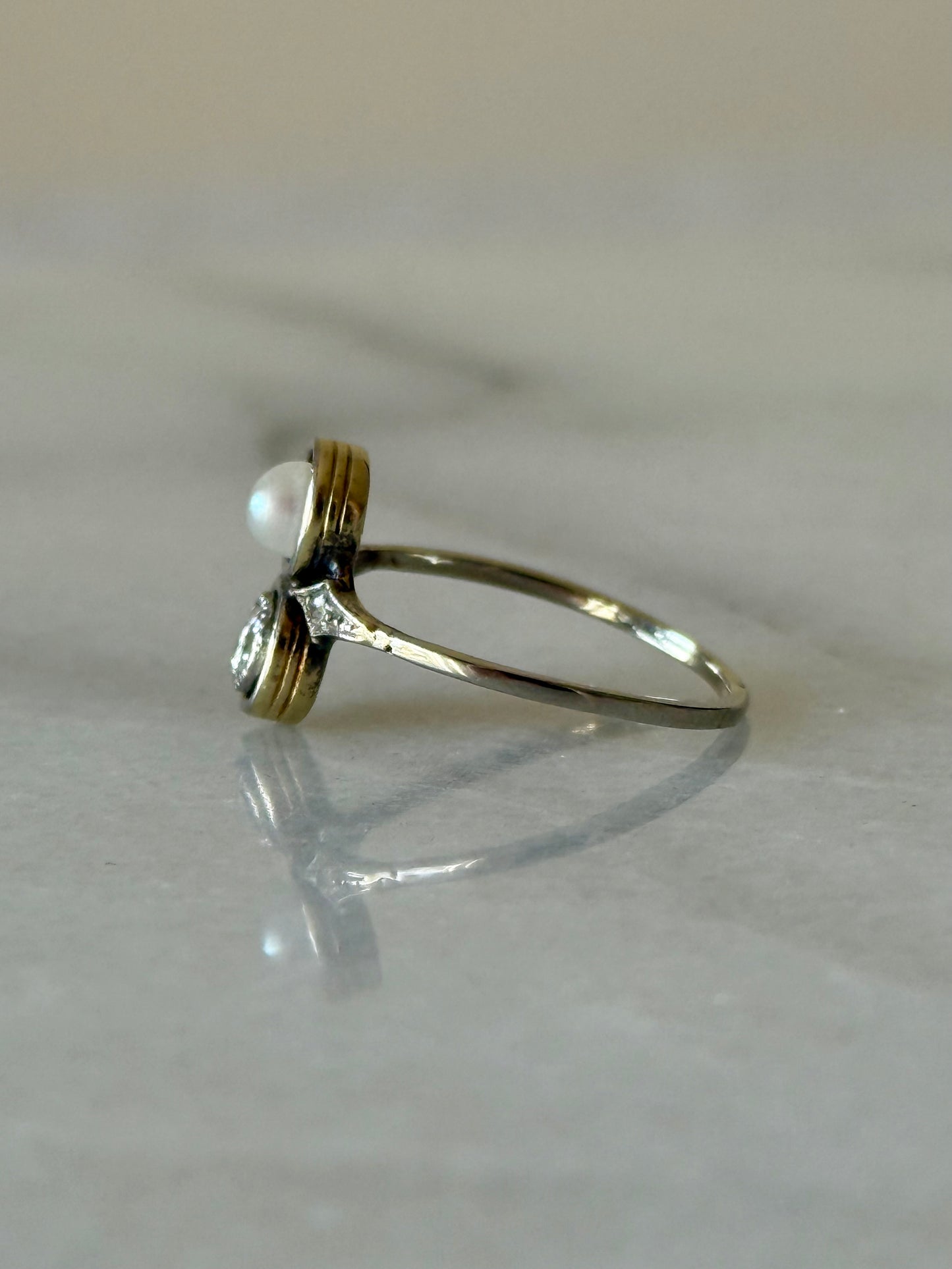 Antique Toi et Moi 14k Old Cut Diamond and Pearl Ring