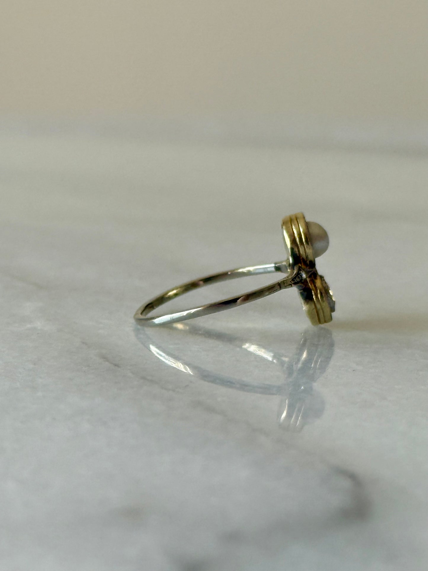 Antique Toi et Moi 14k Old Cut Diamond and Pearl Ring