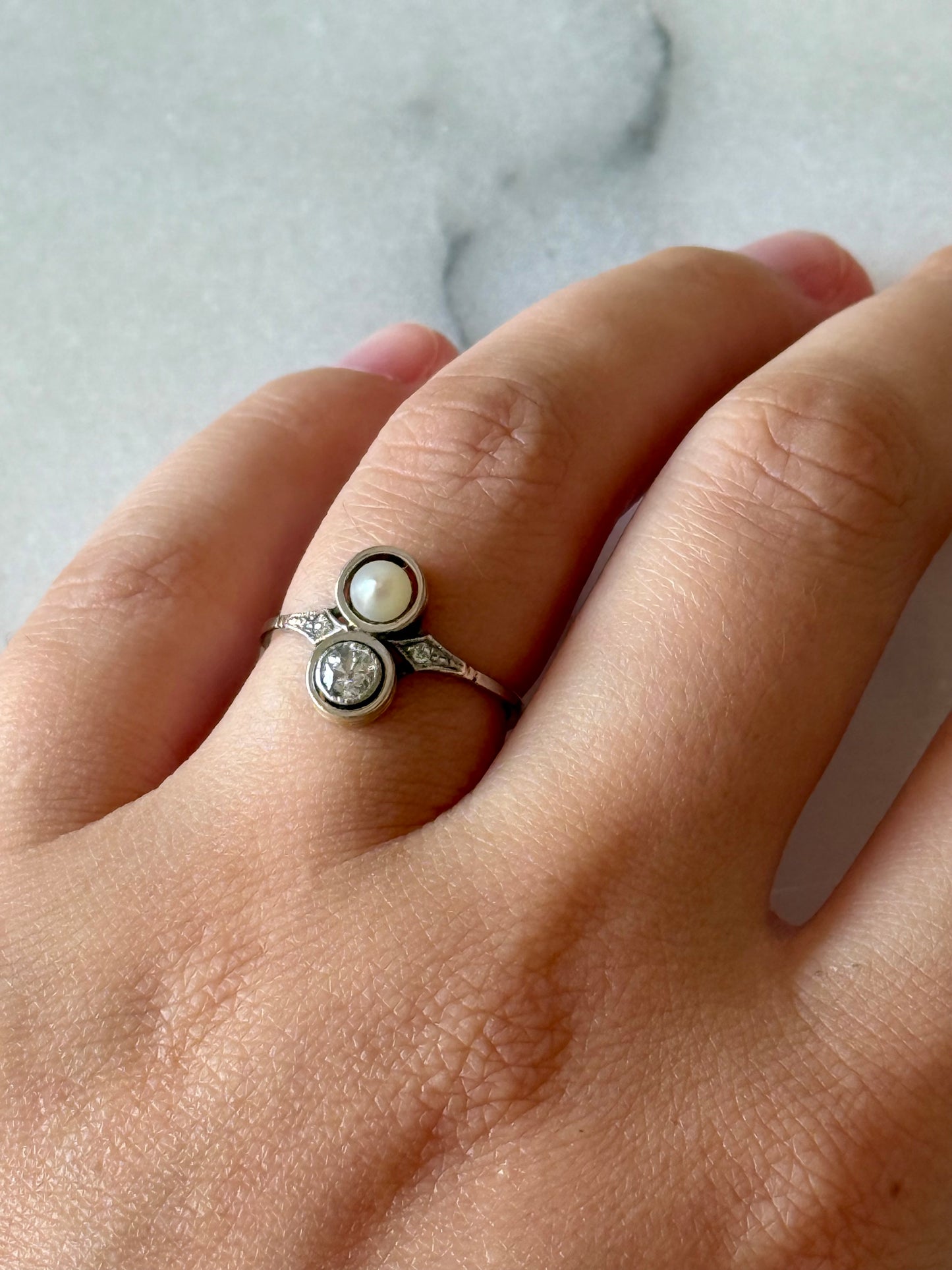 Antique Toi et Moi 14k Old Cut Diamond and Pearl Ring