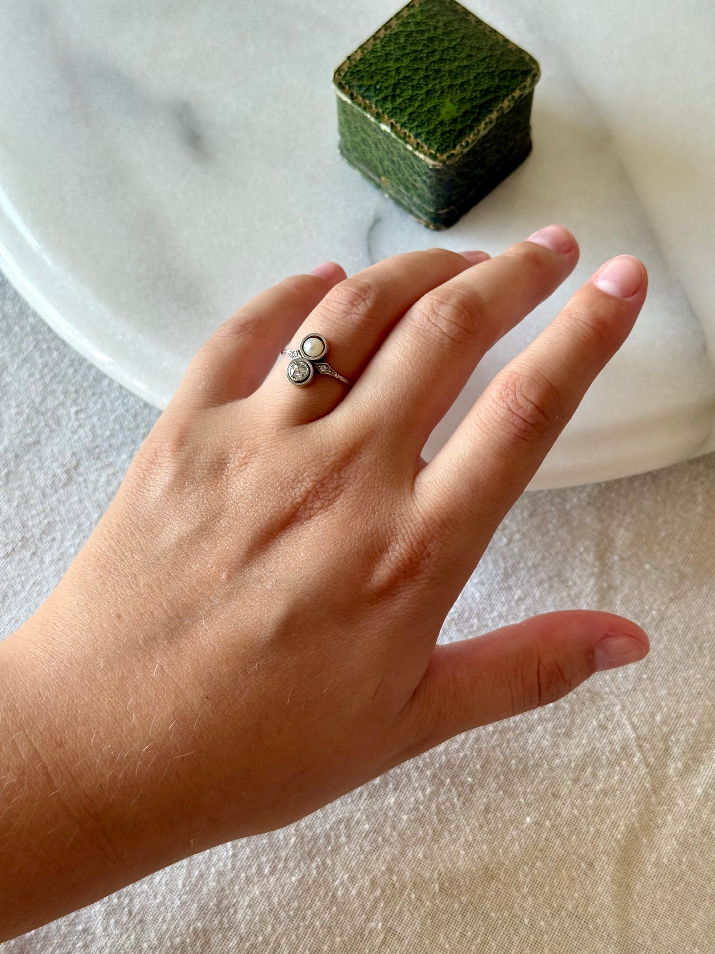 Antique Toi et Moi 14k Old Cut Diamond and Pearl Ring