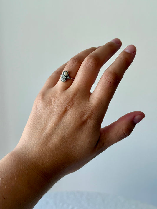 Antique Toi et Moi 14k Old Cut Diamond and Pearl Ring