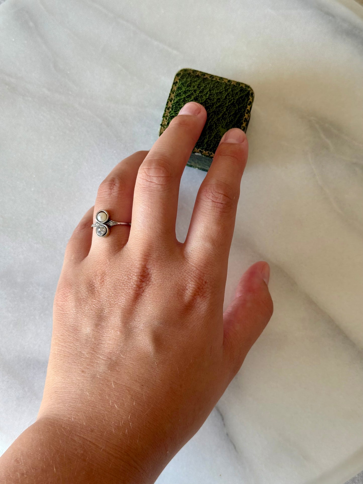 Antique Toi et Moi 14k Old Cut Diamond and Pearl Ring