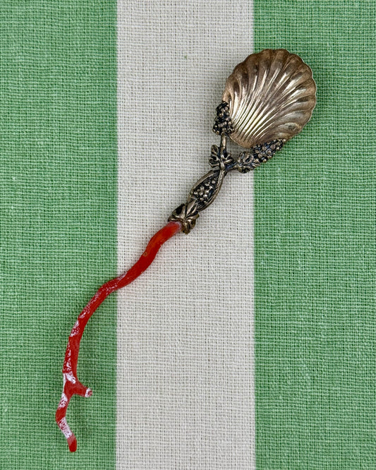 Vintage Silver Salt Spoon with Genuine Coral Handle