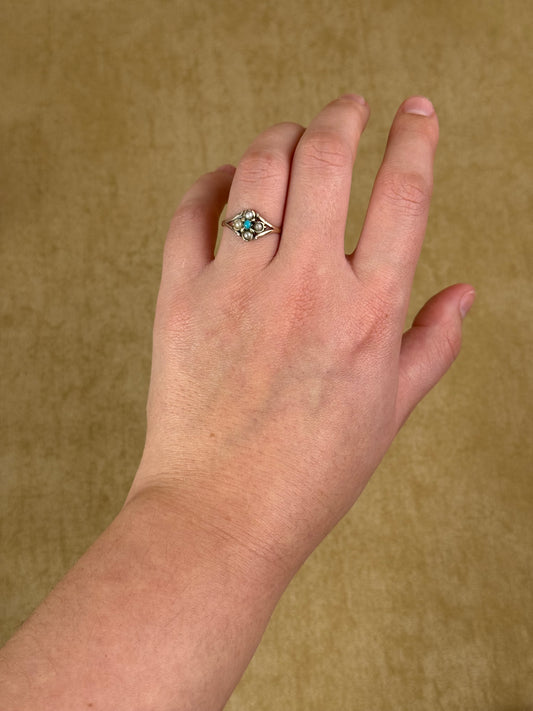 Antique Victorian Turquoise & Seed Pearl Ring, Low Carat Gold