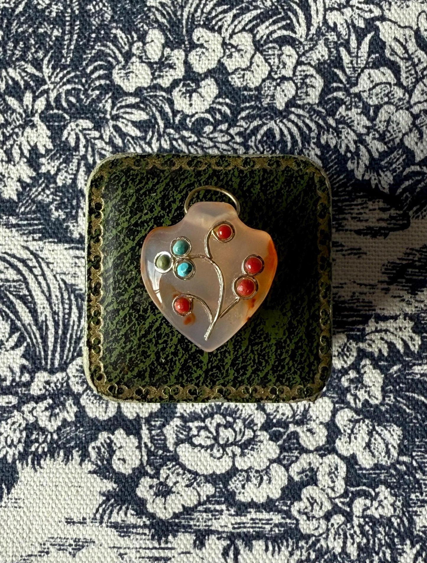 Vintage Chalcedony Floral Inlay Pendant