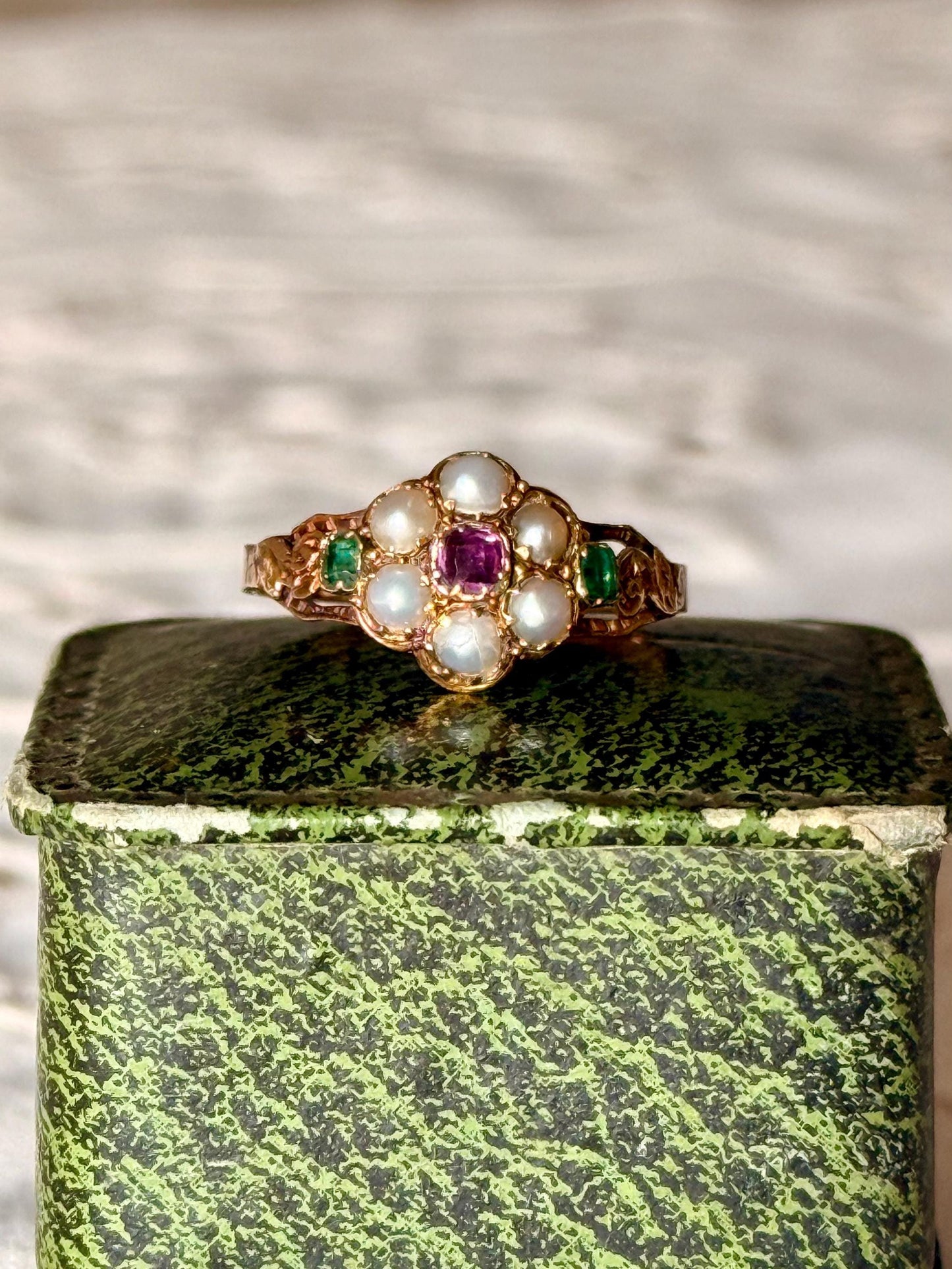 Antique Georgian Ruby Emerald Pearl Flower Ring 9ct Gold