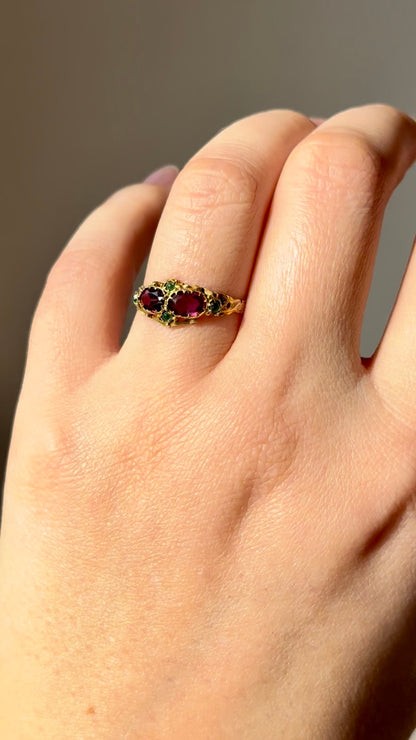 Victorian 12ct Gold Garnet and Emerald Double Cluster Ring, 1869