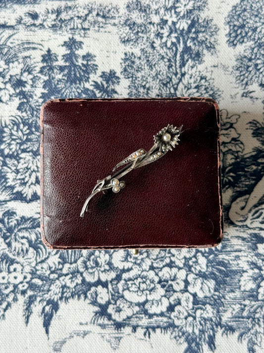 Antique Silver and Seed Pearls Flower Spray Brooch