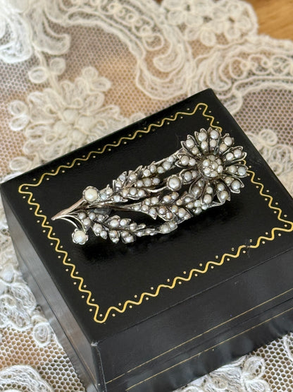Antique Pearl Flower Spray Silver Brooch