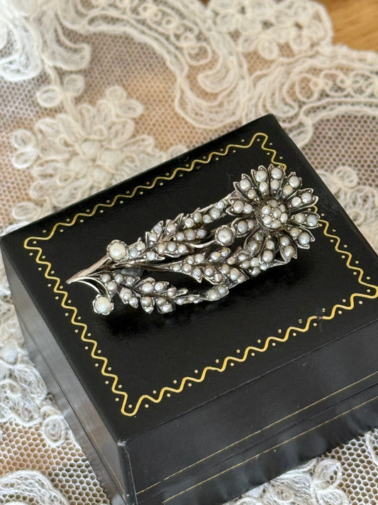Antique Pearl Flower Spray Silver Brooch