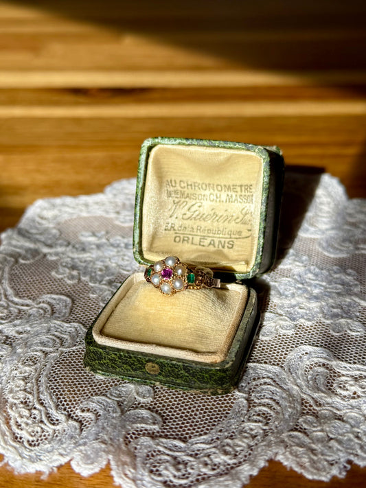 Antique Georgian Ruby Emerald Pearl Flower Ring 9ct Gold