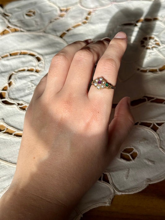 Antique Georgian Ruby Emerald Pearl Flower Ring 9ct Gold
