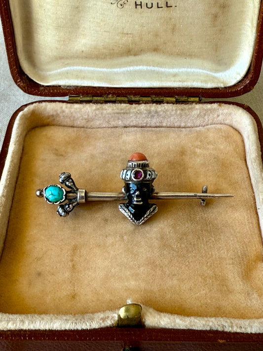 Antique Blackamoor Gemstones and Enamel Silver Brooch