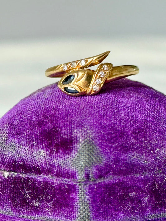 Vintage 19.2ct Gold Snake Ring with Diamond & Sapphire Inlay