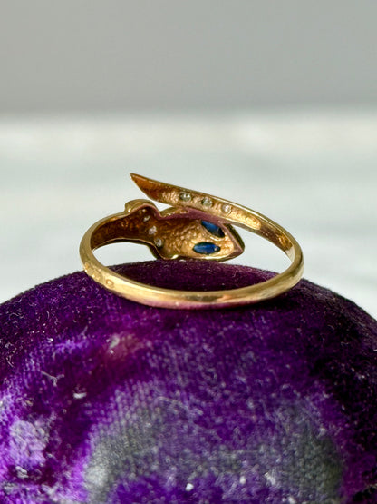 Vintage 19.2ct Gold Snake Ring with Diamond & Sapphire Inlay