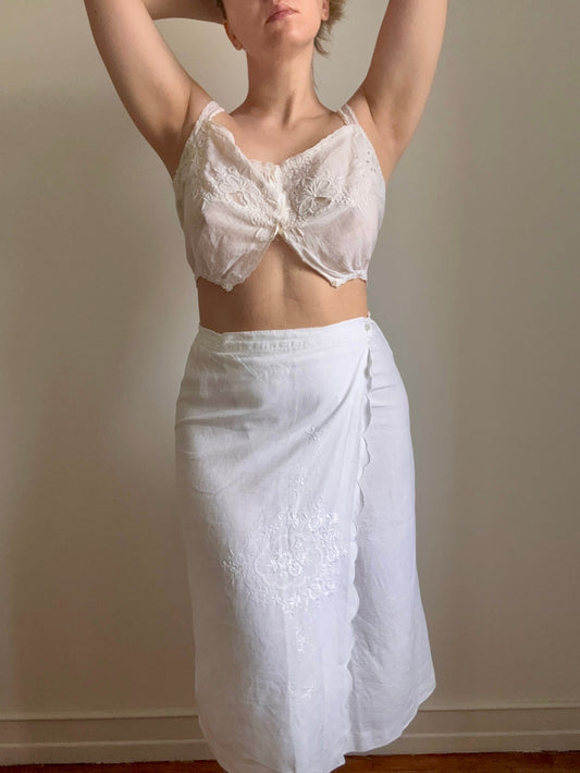 Vintage White Embroidered Linen Wrap Skirt
